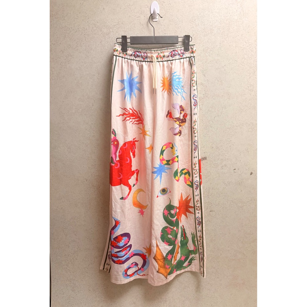 Likemychoice Celestial Dragon Snake Boho Mystical Print Wide Leg Cream Pants